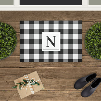 Farmhouse Black Custom Monogram Buffalo Plaid Doormat
