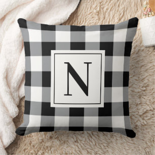 Farmhouse Black Gingham Check Plaid Monogram Cushion