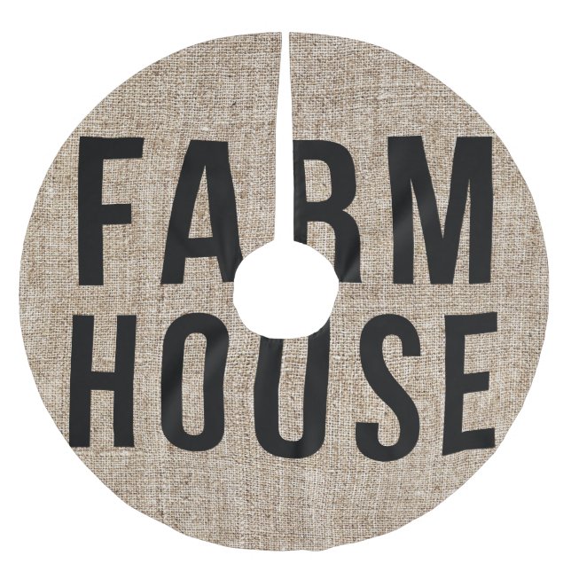 FARMHOUSE Black Lettering Rustic Burlap Sacking Brushed Polyester Tree Skirt (Front)