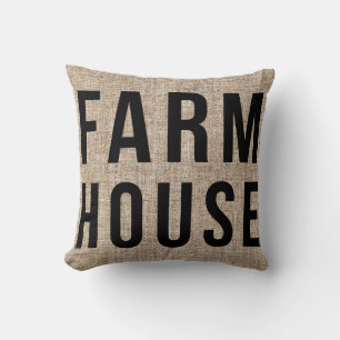 FARMHOUSE Black Lettering Rustic Burlap Sacking Cushion