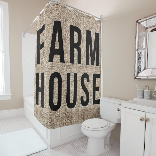 FARMHOUSE Black Lettering Rustic Burlap Sacking Shower Curtain (In Situ)
