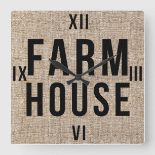 FARMHOUSE Black Lettering Rustic Burlap Sacking Square Wall Clock