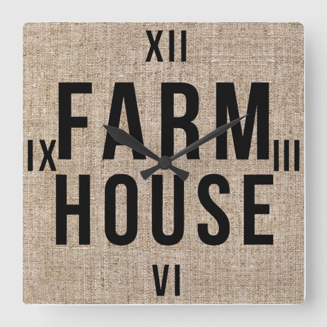 FARMHOUSE Black Lettering Rustic Burlap Sacking Square Wall Clock (Front)