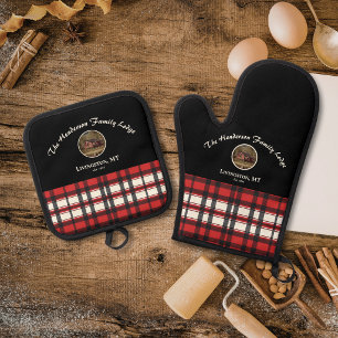 Farmhouse Black Red Buffalo Plaid Custom Photo Oven Mitt & Pot Holder Set