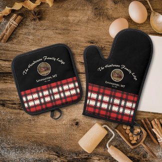 Farmhouse Black Red Buffalo Plaid Custom Photo Oven Mitt & Pot Holder Set