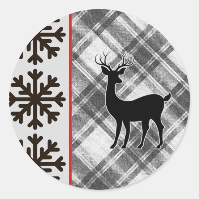 Farmhouse Black White Buffalo Plaid Deer Snowflake Classic Round Sticker (Front)