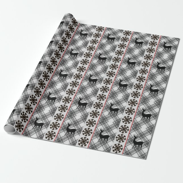 Farmhouse Black White Buffalo Plaid Deer Snowflake Wrapping Paper (Unrolled)