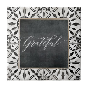 Farmhouse Black White Grateful Script Chalkboard Ceramic Tile
