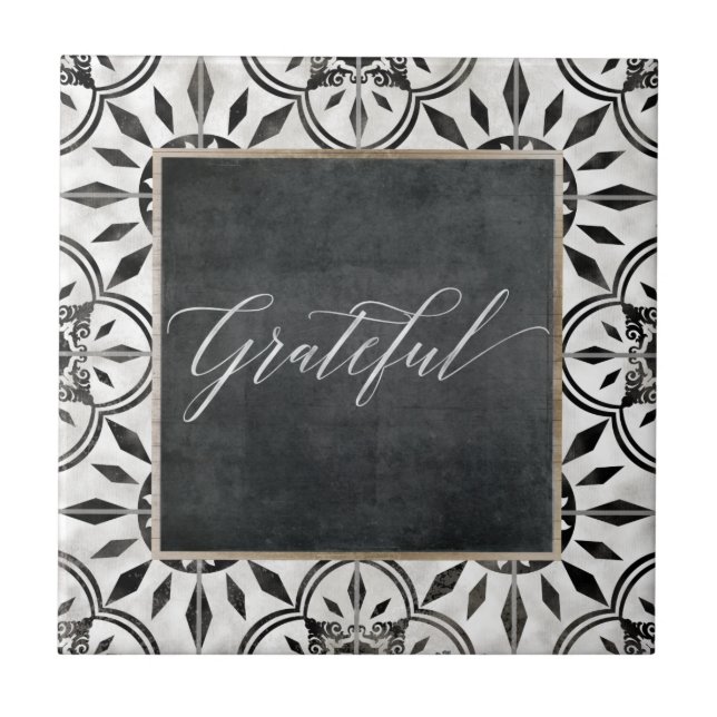 Farmhouse Black White Grateful Script Chalkboard Ceramic Tile (Front)