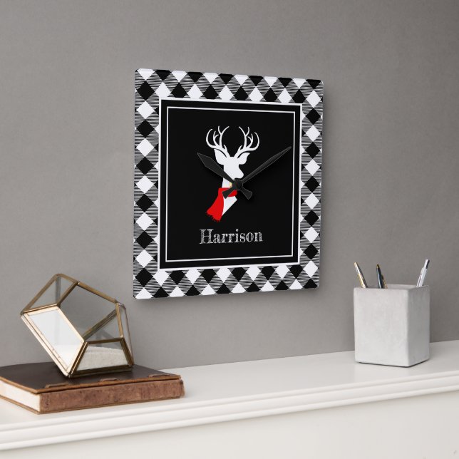 Farmhouse Black White Plaid Chic Deer Personalised Square Wall Clock (Office)