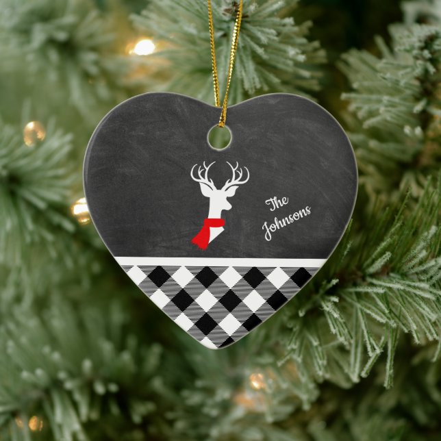 Farmhouse Black White Plaid Deer Chalkboard Name Ceramic Ornament (Tree)