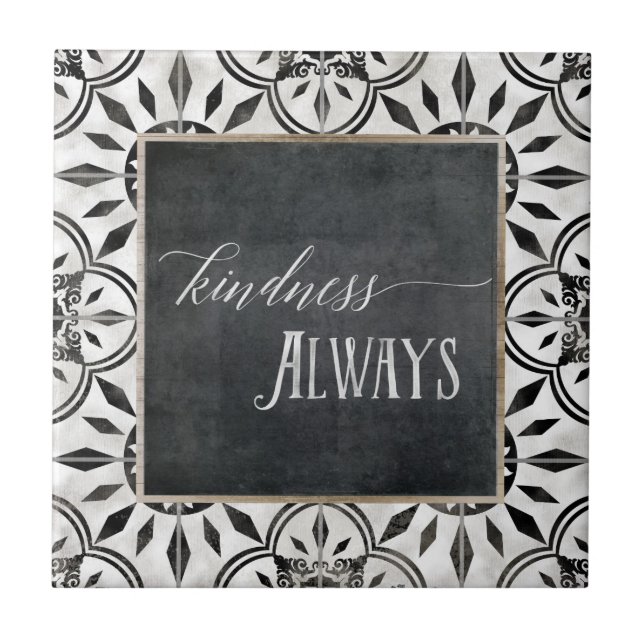 Farmhouse Black White Script Kindness Chalkboard Ceramic Tile (Front)