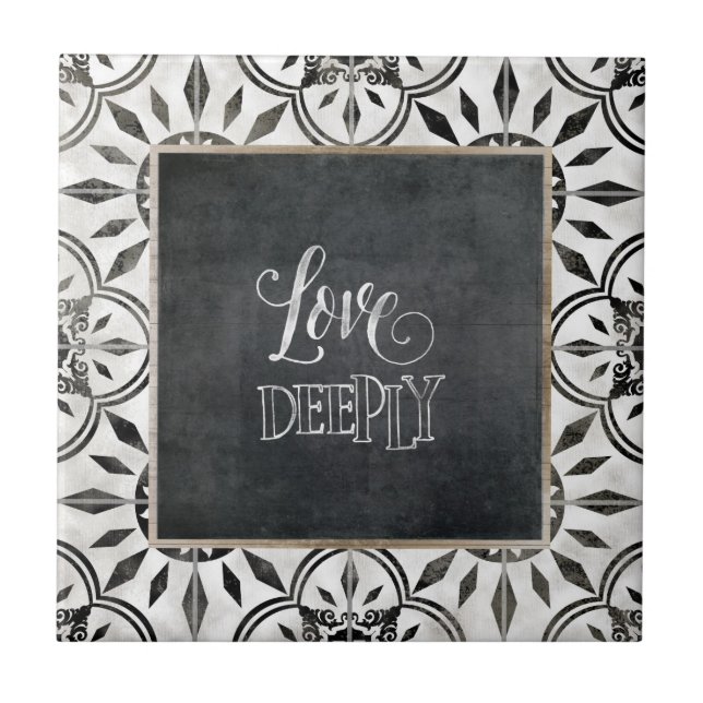 Farmhouse Black White Script Love Deeply Pattern Ceramic Tile (Front)