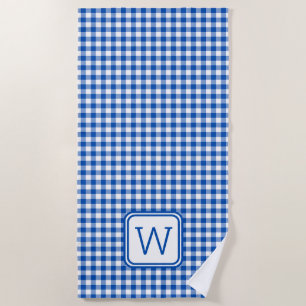 Farmhouse Blue and White Gingham Plaid Monogram Beach Towel