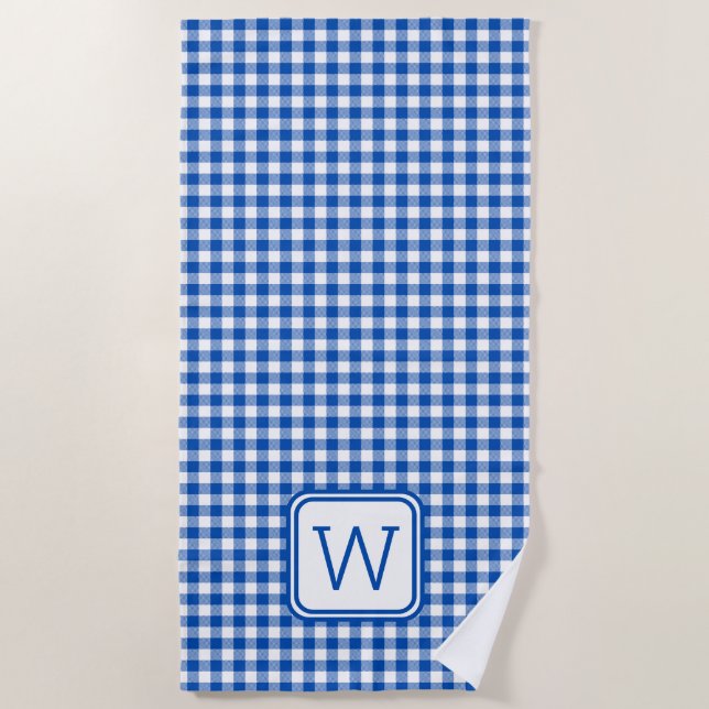 Farmhouse Blue and White Gingham Plaid Monogram Beach Towel (Front)