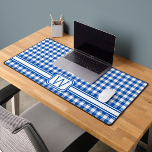 Farmhouse Blue and White Gingham Plaid Monogram Desk Mat