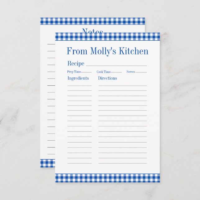 Farmhouse Blue and White Gingham Plaid Recipe Card (Front/Back)