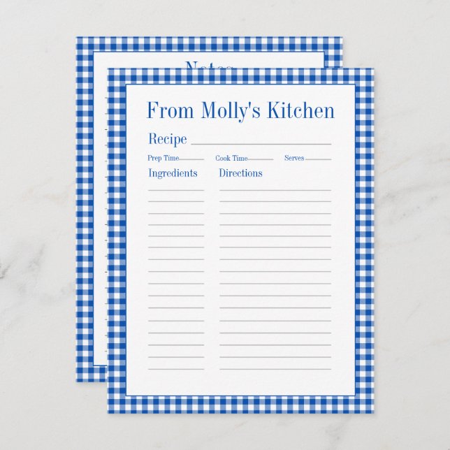 Farmhouse Blue and White Gingham Plaid Recipe Enclosure Card (Front/Back)