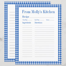 Farmhouse Blue and White Gingham Plaid Recipe Page