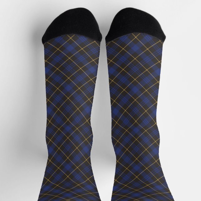 Farmhouse blue black gold diagonal plaid pattern socks (Top)