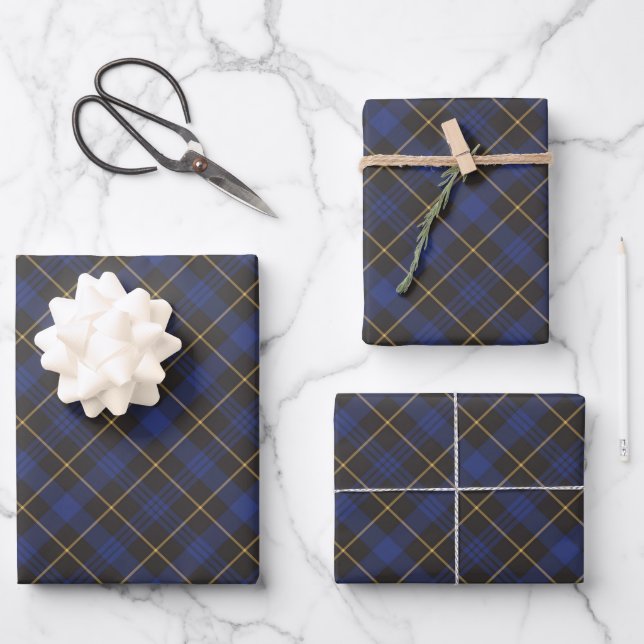 Farmhouse blue black gold diagonal plaid pattern wrapping paper sheet (Front)