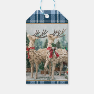 Farmhouse Blue Buffalo Plaid Watercolor Reindeer Gift Tags