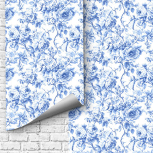 Farmhouse Blue French Toile Roses Floral Wallpaper