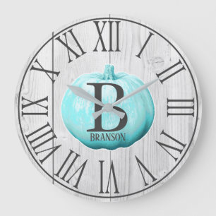 Farmhouse Blue Pumpkin & White Wood   Personalised Large Clock