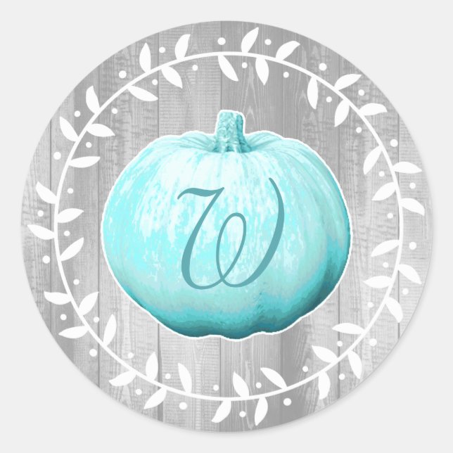 Farmhouse Blue Pumpkin & Wreath | Monogram Classic Round Sticker (Front)