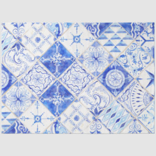 Farmhouse Blue White Diamond Tile Wood Decoupage Tissue Paper