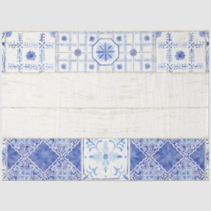 Farmhouse Blue White Painted Tile Wood Decoupage Tissue Paper