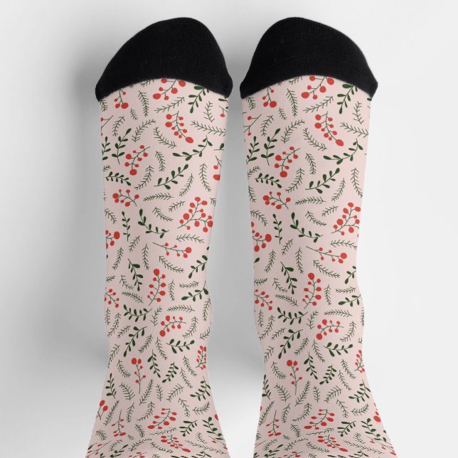 Farmhouse blush pink dark green foliage pattern socks (Top)