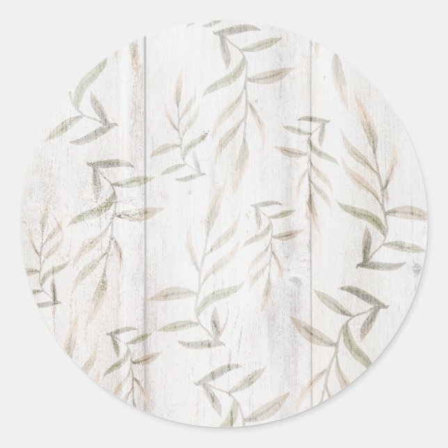 Farmhouse Botanical White Wood Blush Rustic Leaves Classic Round Sticker (Front)