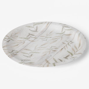 Farmhouse Botanical White Wood Blush Rustic Leaves Paper Plate