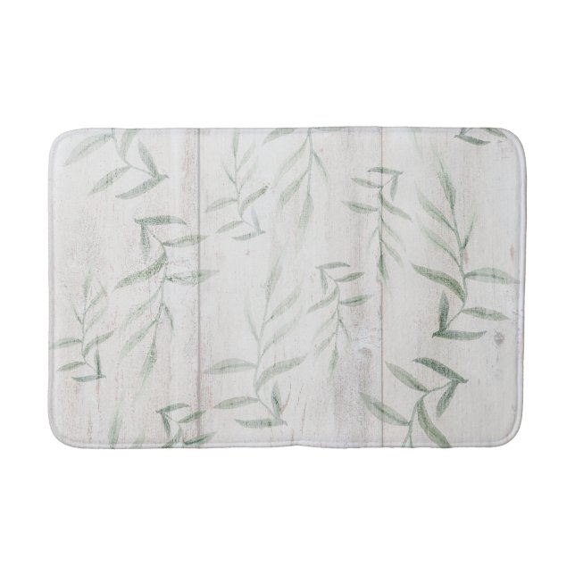 Farmhouse Botanical White Wood Rustic Leaves Bath Mat (Front)