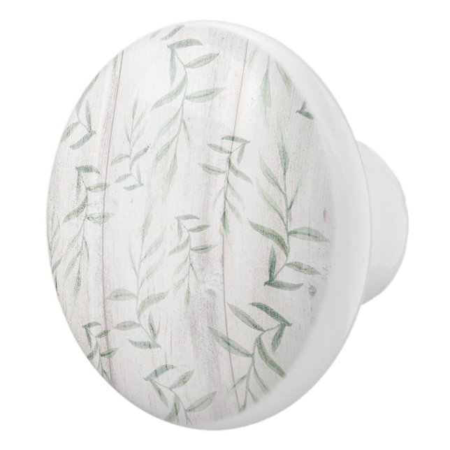 Farmhouse Botanical White Wood Rustic Leaves Ceramic Knob (Right)