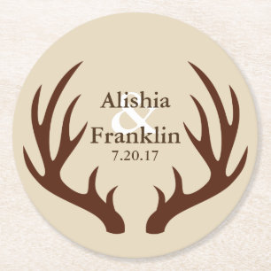 Farmhouse Brown Antlers Bride & Groom Wedding Date Round Paper Coaster