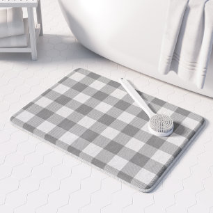 Farmhouse Buffalo Check Plaid Neutral Grey White Bath Mat