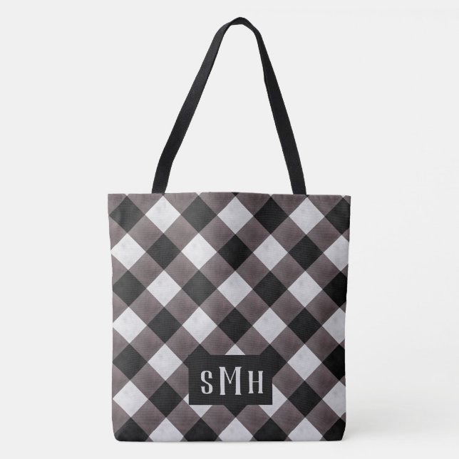 Farmhouse Buffalo Plaid Check 3 Letter Monogram Tote Bag (Front)