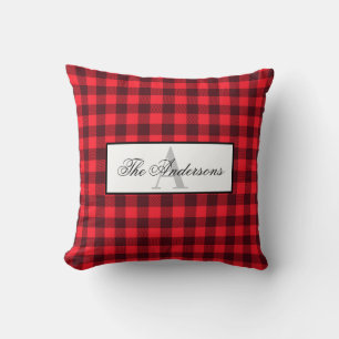 Farmhouse Buffalo Plaid Family Name & Monogram Cushion