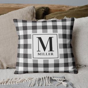Farmhouse Buffalo Plaid Family Name Monogram Cushion