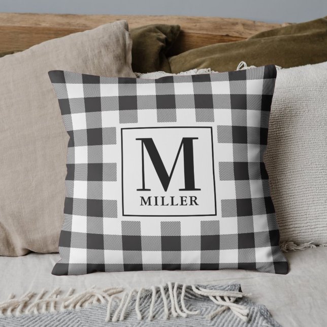 Farmhouse Buffalo Plaid Family Name Monogram Cushion (Creator Uploaded)