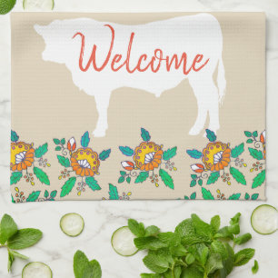 Farmhouse Bull Cow Silhouette & Country Flowers Tea Towel