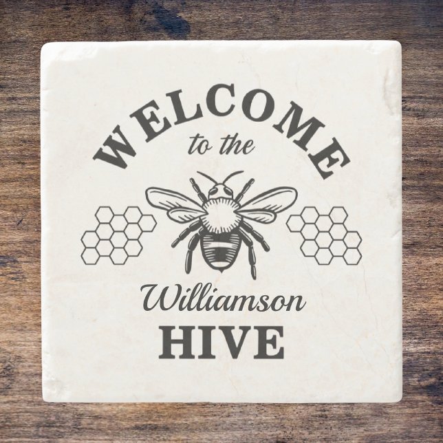 Farmhouse Bumblebee Welcome to Our Hive Monogram  Stone Coaster (Creator Uploaded)