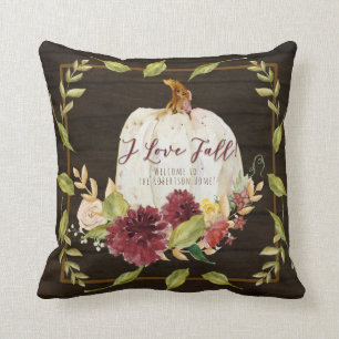 Farmhouse Burgundy Floral Love Fall Pumpkin Wood Cushion