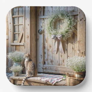 Farmhouse Cat With Baby's Breath Wreath Paper Plate