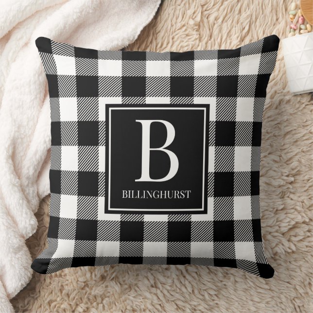 Farmhouse Check Black & White Plaid Monogrammed Cushion (Blanket)