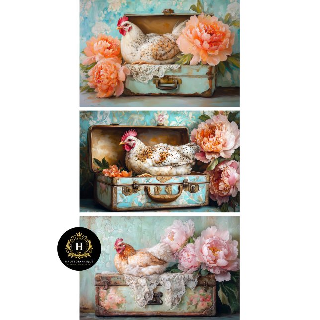 Farmhouse Chic Chicken & Peony Decoupage  Wrapping Paper Sheet (Creator Uploaded)