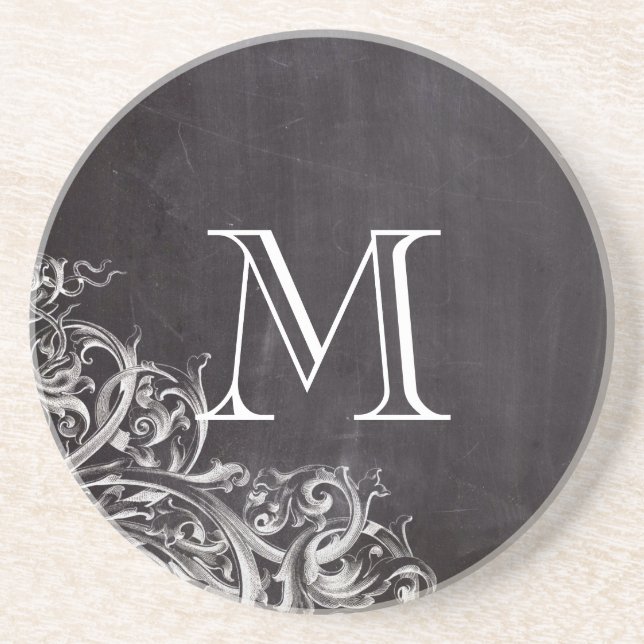 farmhouse chic flourish swirls chalkboard monogram coaster (Front)