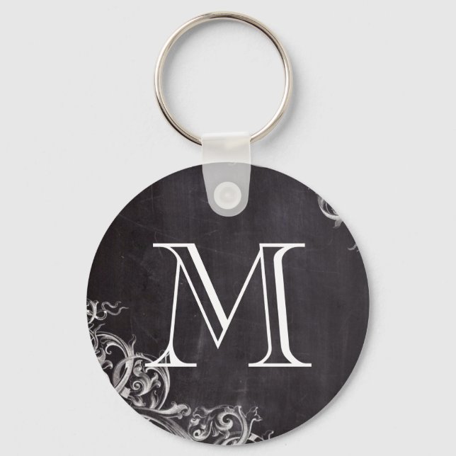 farmhouse chic flourish swirls chalkboard monogram key ring (Front)
